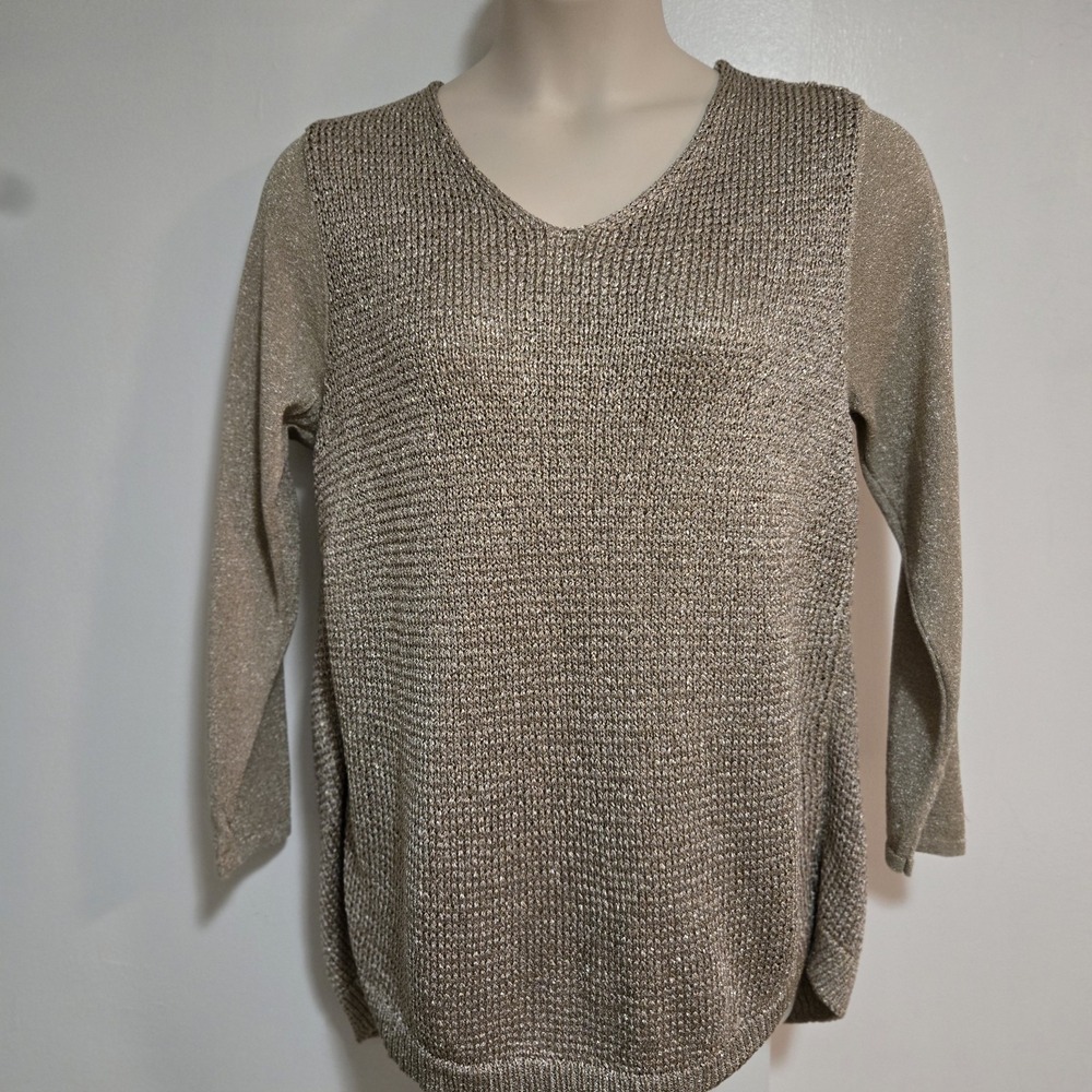 Chico's Sz 3‎ (XL) Metallic Gold Special Occasion Sweater Open Chiffon Back NEW